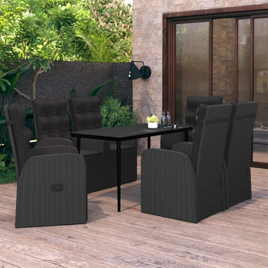 Garden Dining Set Black PE rattan, powder-coated steel, glass