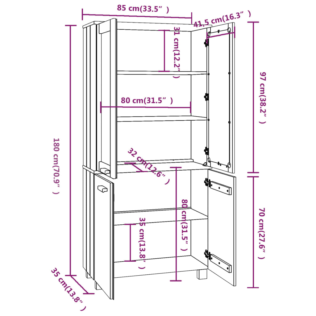 Highboard Set of 2 Honey brown Solid pine wood, MDF, glass Large