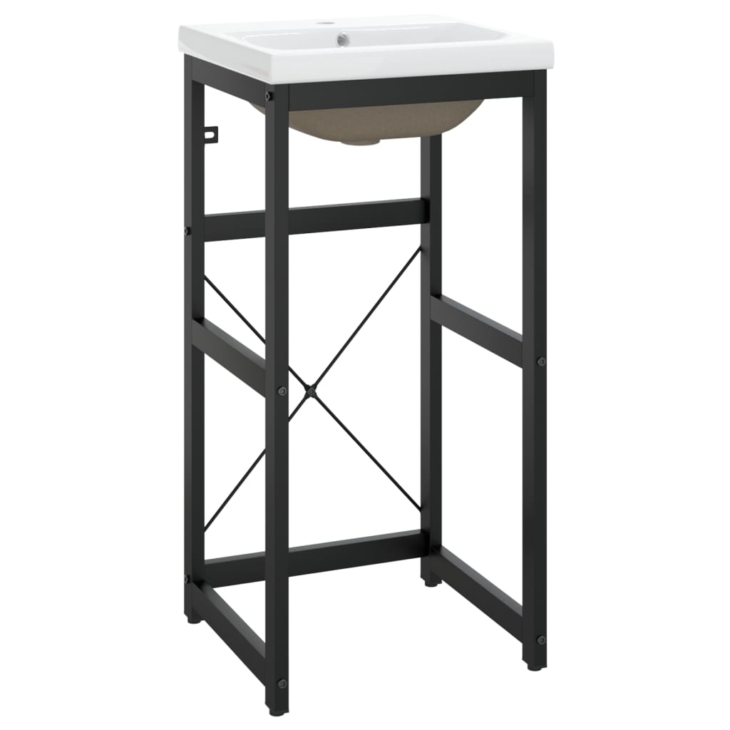 Washbasin Frame With Basin Black, White Powder-coated iron, Ceramic