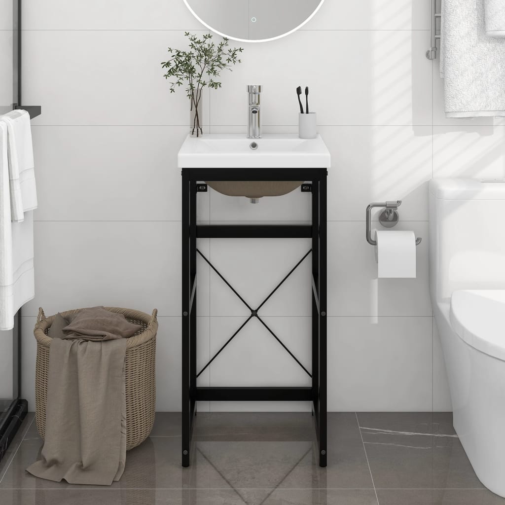 Washbasin Frame With Basin Black, White Powder-coated iron, Ceramic
