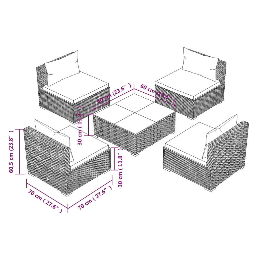 Garden Lounge Set Brown PE rattan, powder-coated steel, fabric