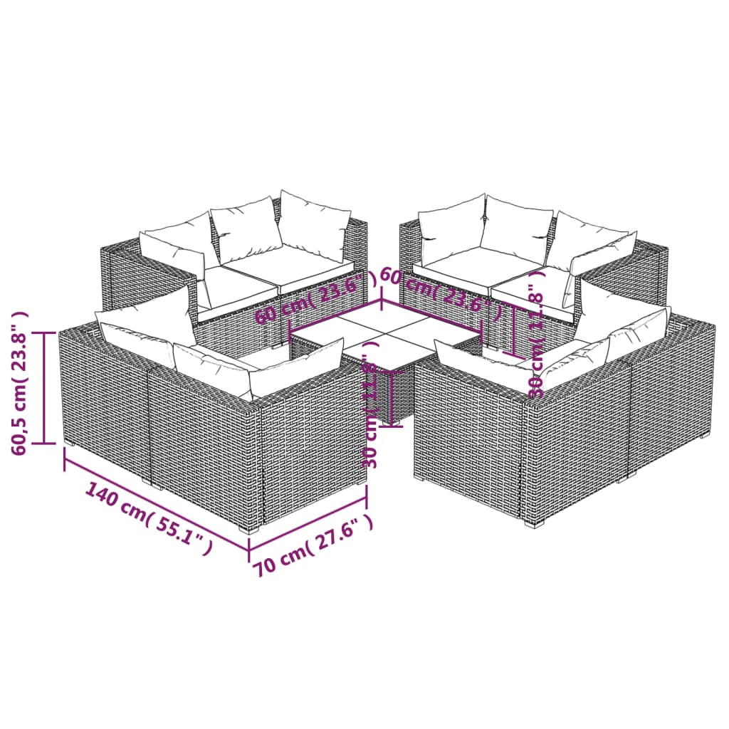 Garden Lounge Set Black PE rattan 9 piece set Modular