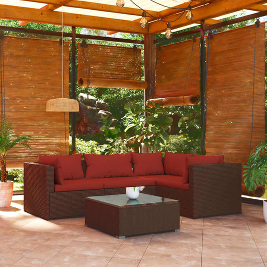 Garden Lounge Set Brown with Cinnamon Red Cushions