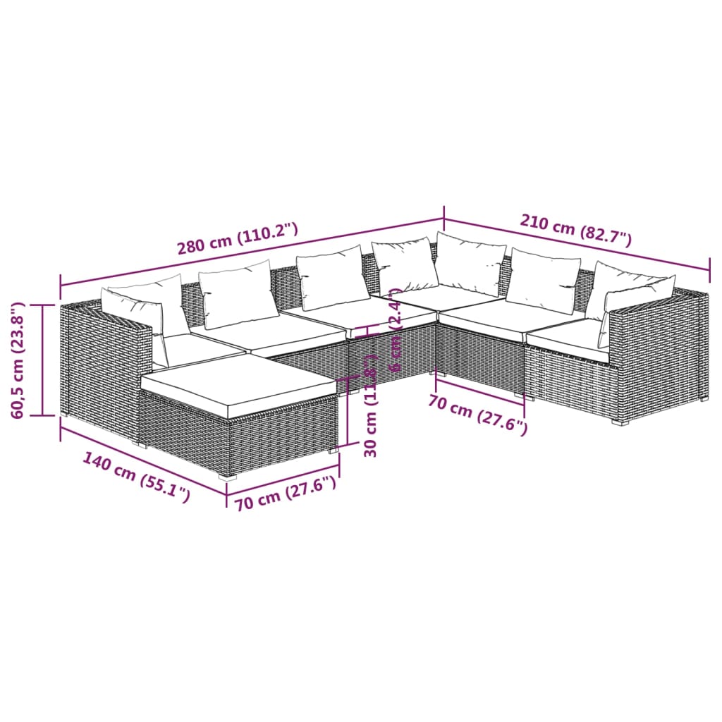 Garden Lounge Set Brown PE rattan, powder-coated steel, plastic