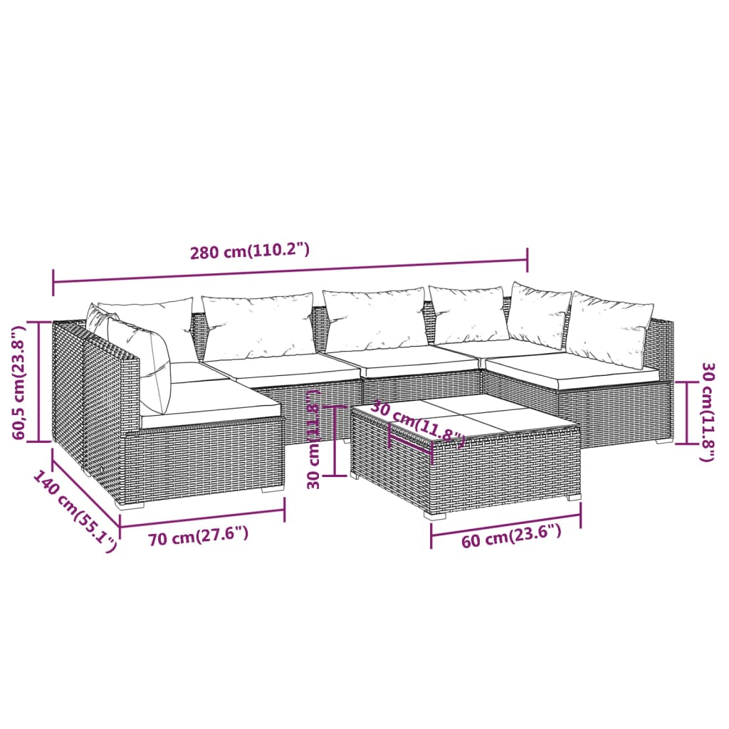 7 Piece Patio Lounge Set with Cushions Poly Rattan Brown