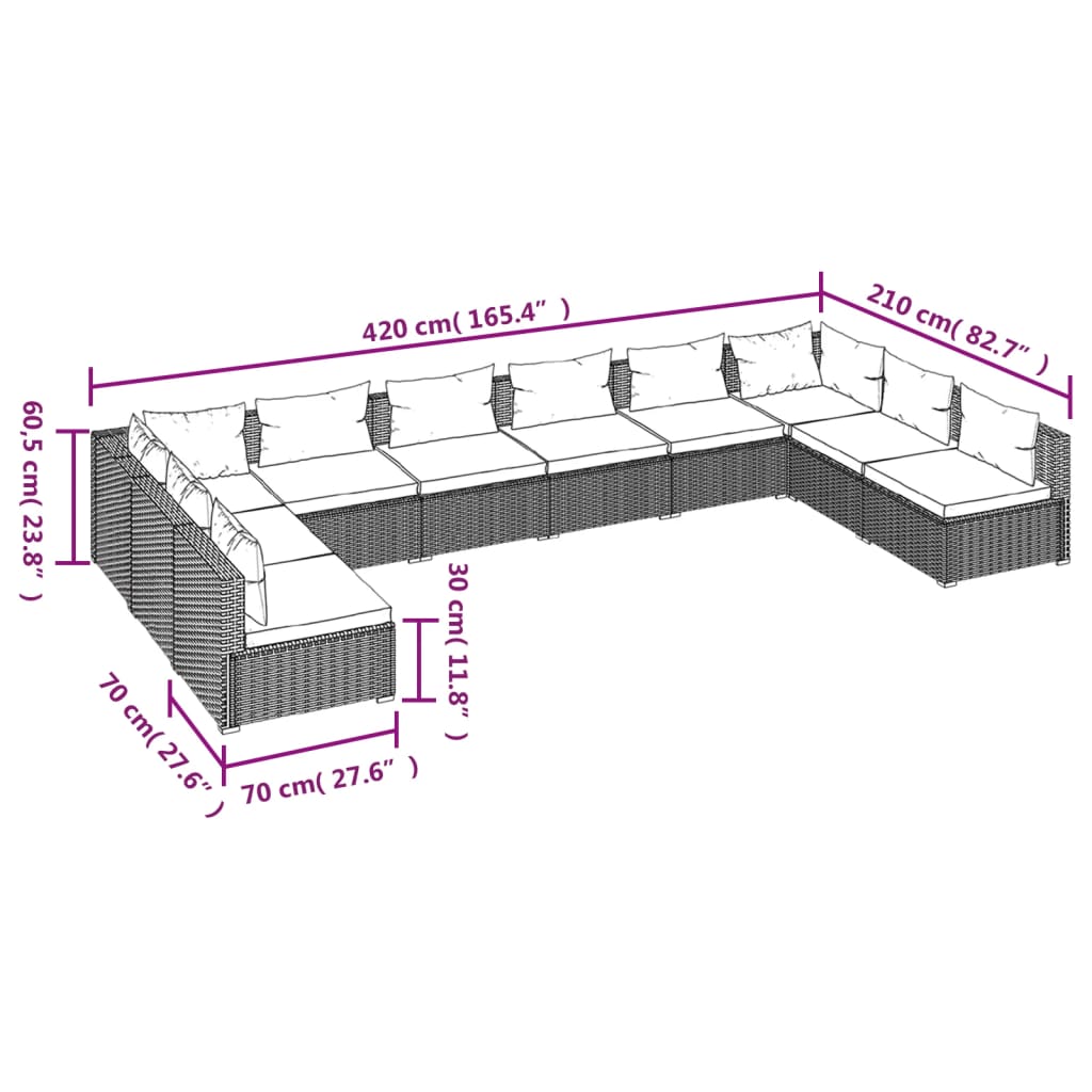 Garden Lounge Set Black PE Rattan Large Modular
