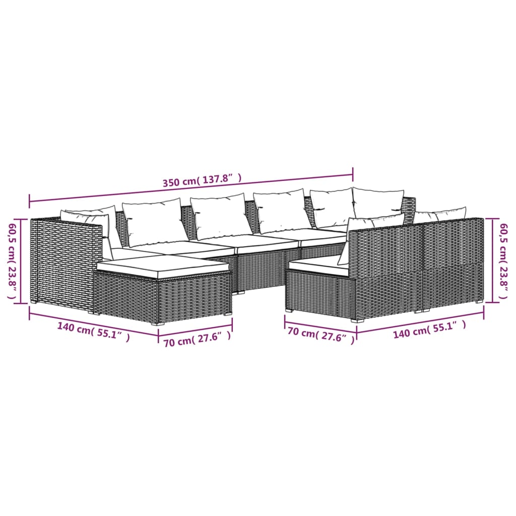 Garden Lounge Set Black PE rattan, powder-coated steel, plastic