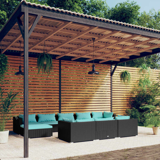 Garden Lounge Set Black, Water blue PE rattan Modular