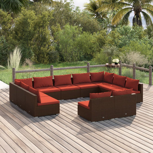 11 Piece Patio Lounge Set with Cushions Brown Poly Rattan