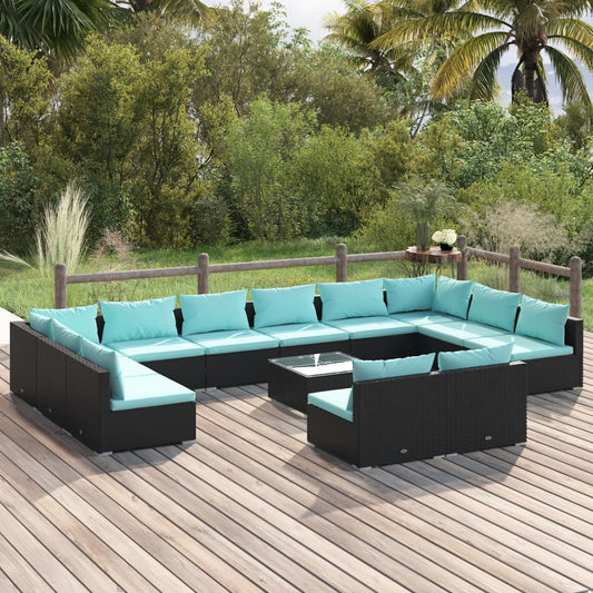 Garden Lounge Set Black, Water blue cushions
