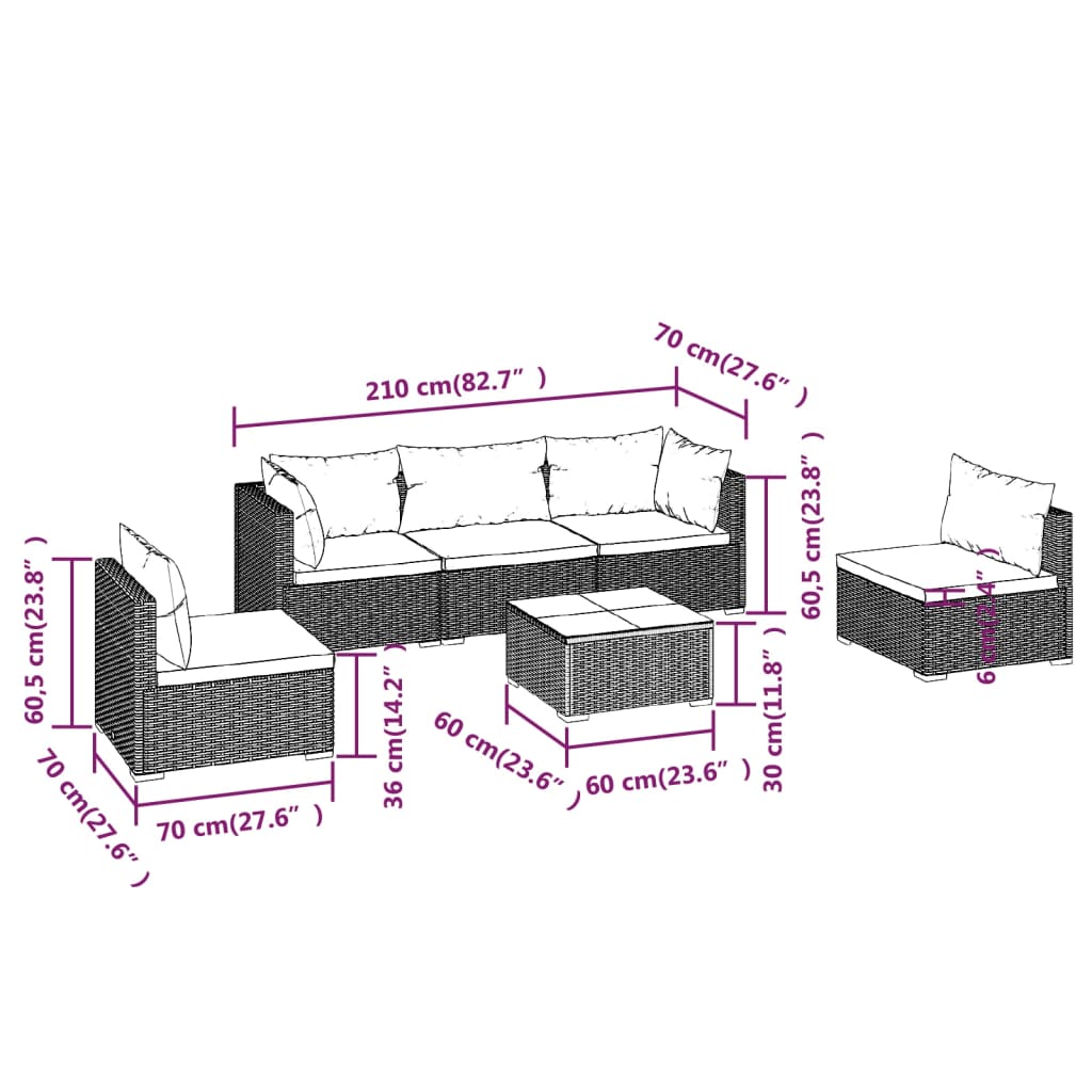 Garden Lounge Set Grey PE rattan 6-Piece Set Modular