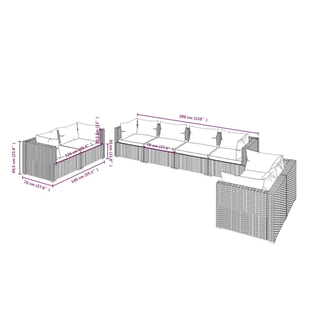 Garden Lounge Set Brown PE rattan, powder-coated steel, plastic