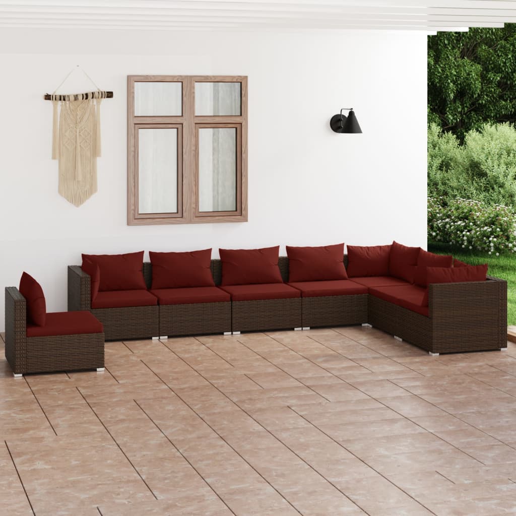 Garden Lounge Set Brown PE rattan, powder-coated steel, fabric