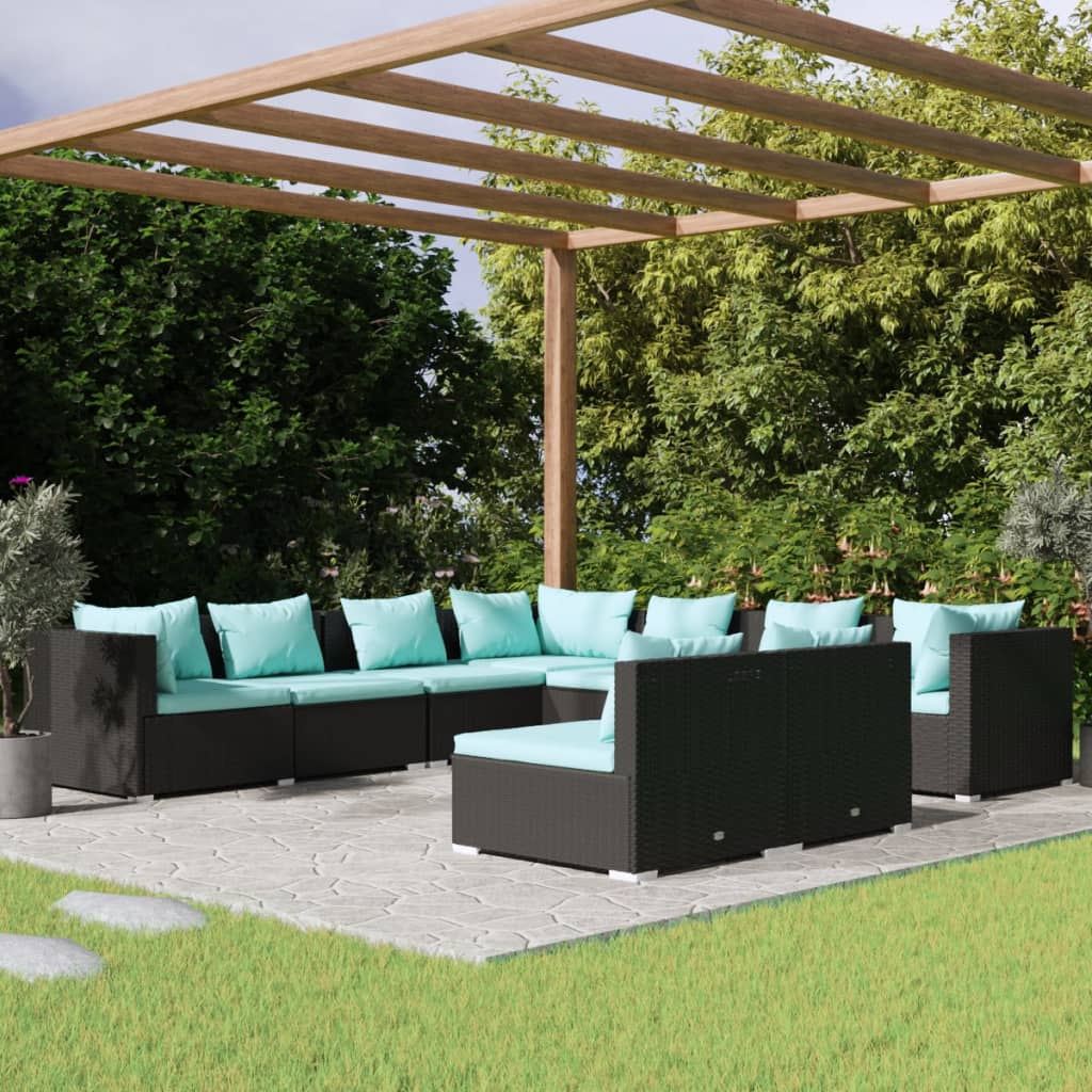 Garden Lounge Set Black PE Rattan, Powder-Coated Steel, Plastic