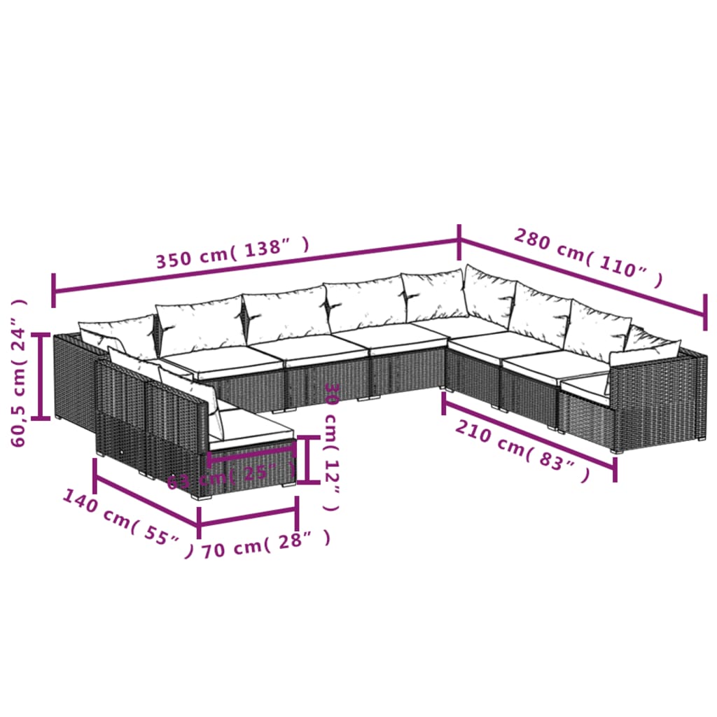 Garden Lounge Set Brown Poly rattan, powder-coated steel, plastic