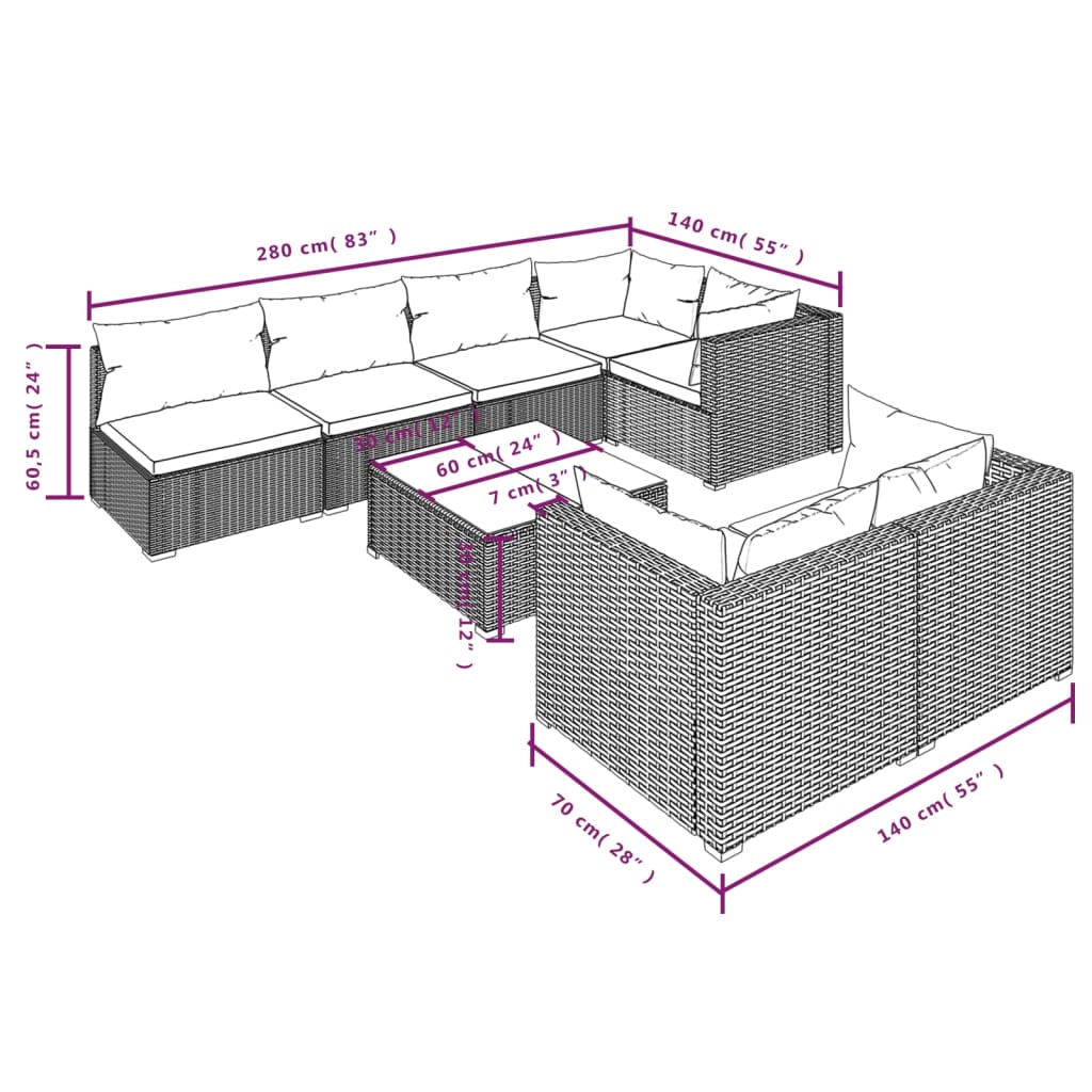 Garden Lounge Set Grey PE rattan 8 Piece Modular