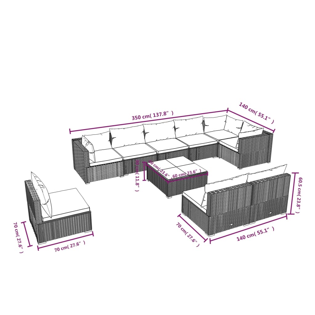 Garden Lounge Set Brown PE rattan, powder-coated steel, plastic