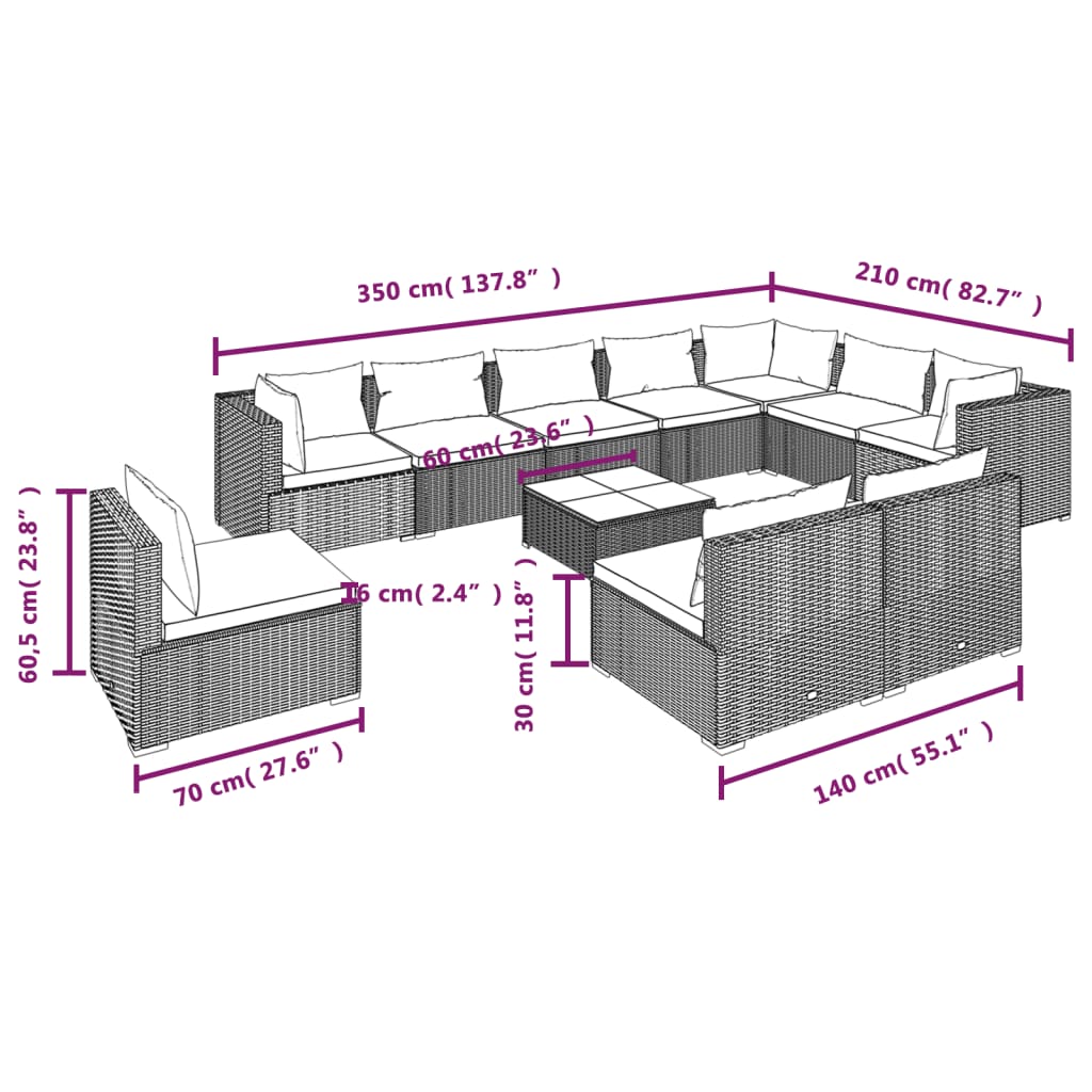 Garden Lounge Set Black PE rattan 11 Piece Set Modular