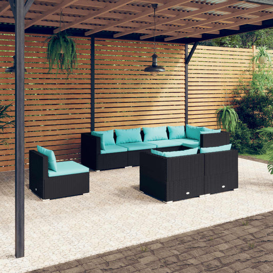 Garden Lounge Set Poly Rattan Black, Water Blue Cushions