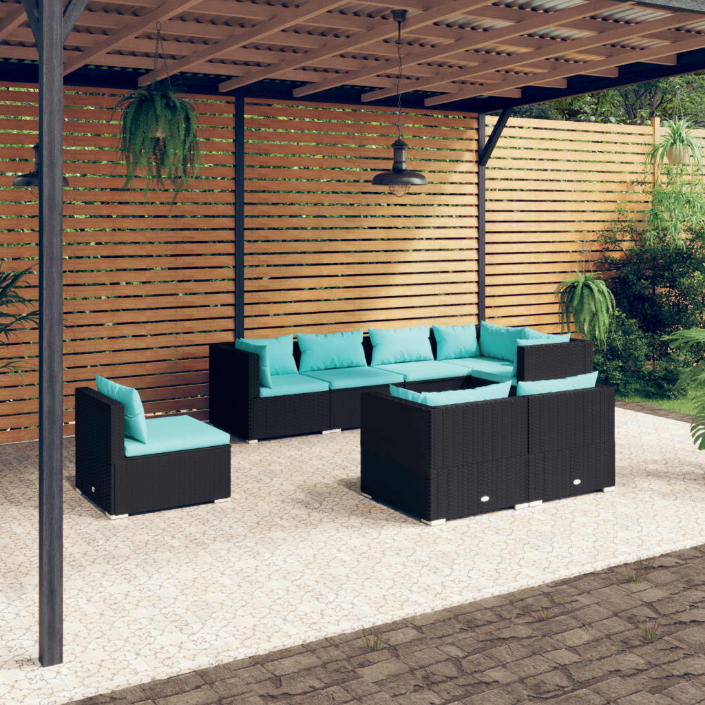 Garden Lounge Set Poly Rattan Black, Water Blue Cushions