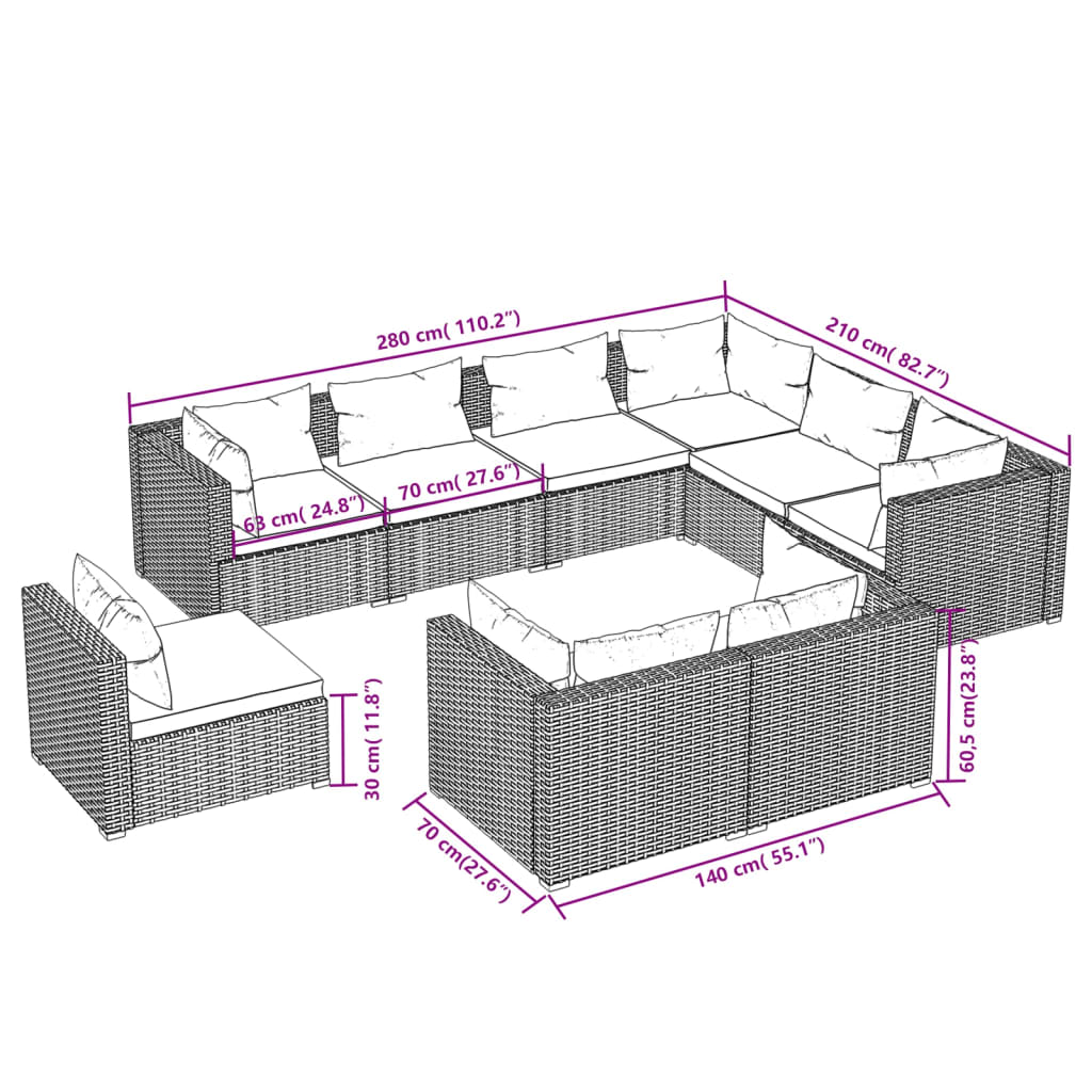 Garden Lounge Set Brown PE Rattan Large Modular