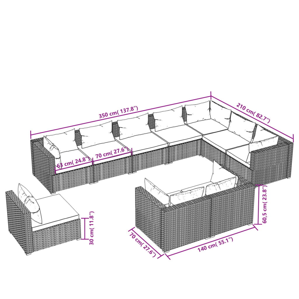 Garden Lounge Set Brown PE rattan, powder-coated steel, plastic