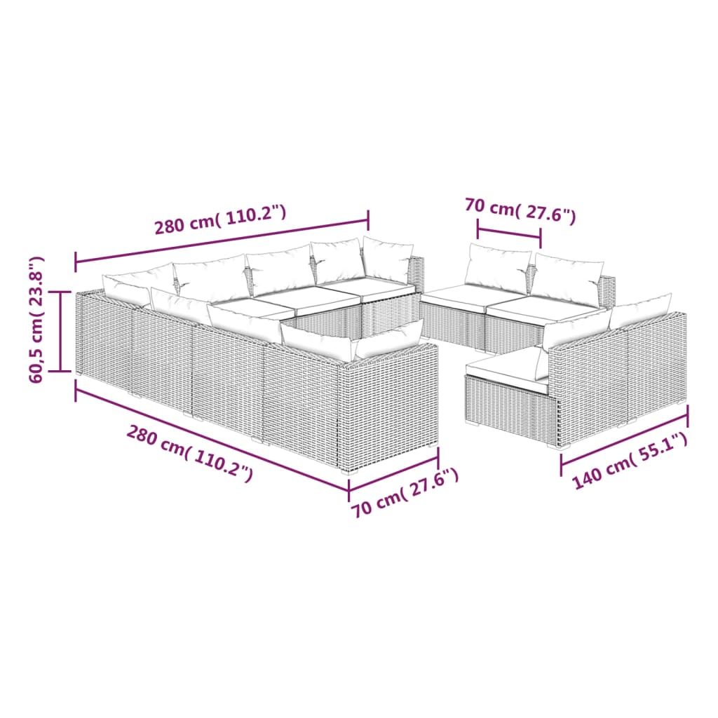 Garden Lounge Set Brown PE Rattan, Powder-Coated Steel, Plastic