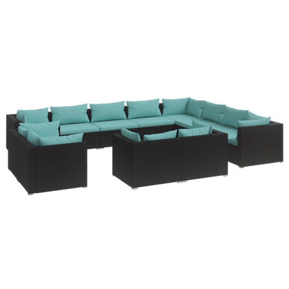 Garden Lounge Set Black Poly Rattan, Water Blue Cushions