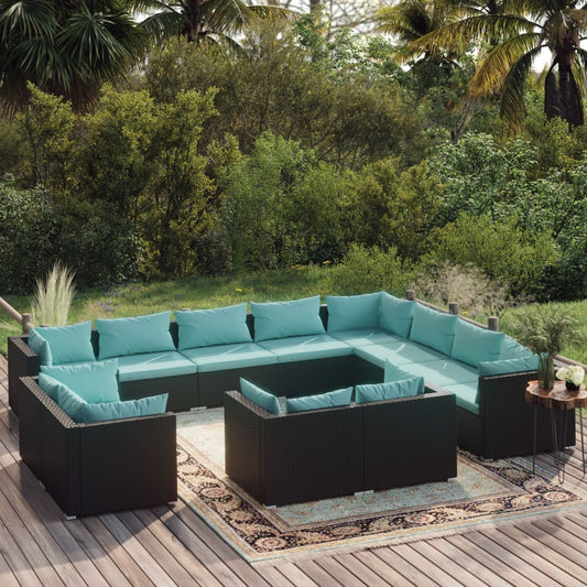 Garden Lounge Set Black Poly Rattan, Water Blue Cushions
