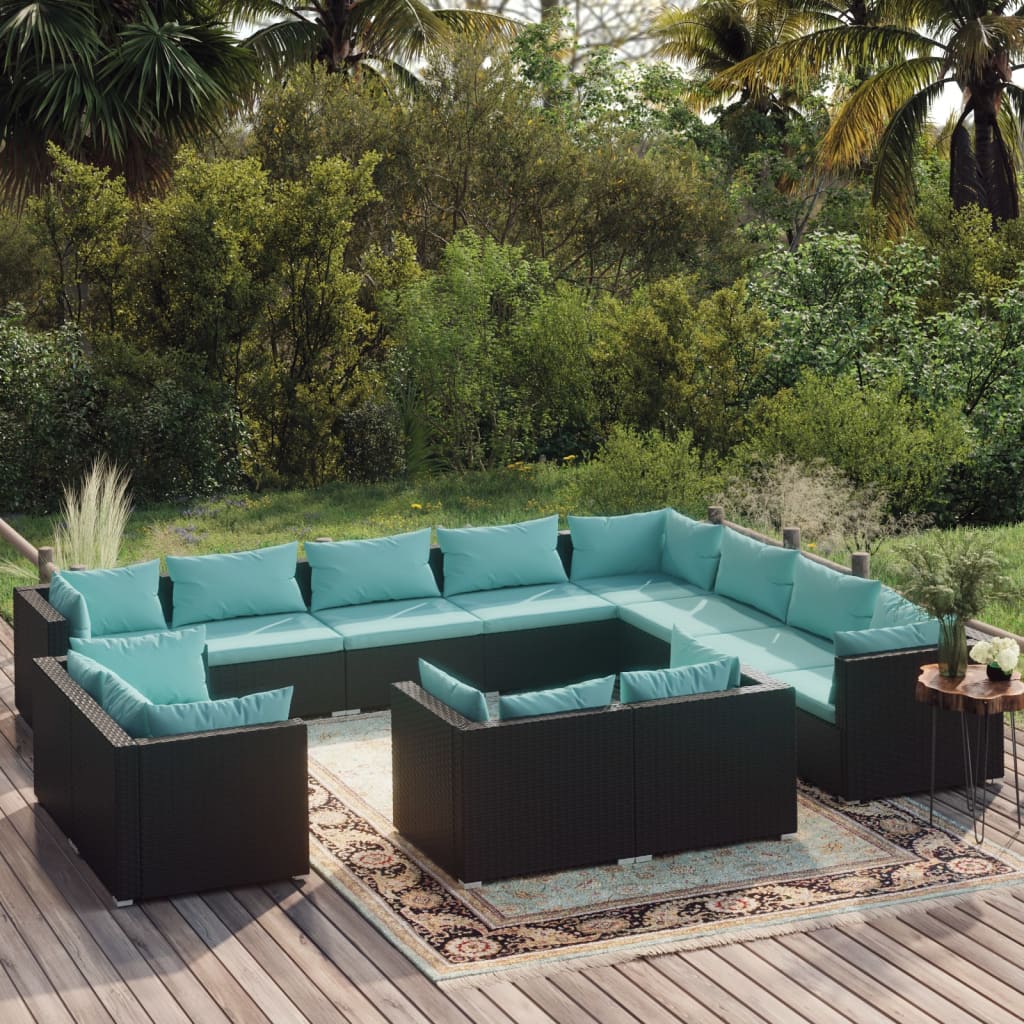 Garden Lounge Set Black Poly Rattan, Water Blue Cushions
