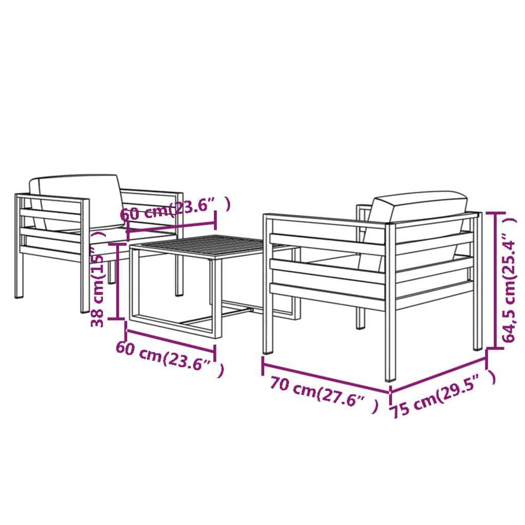 Garden Lounge Set Anthracite Aluminum 3 Piece Set Modular