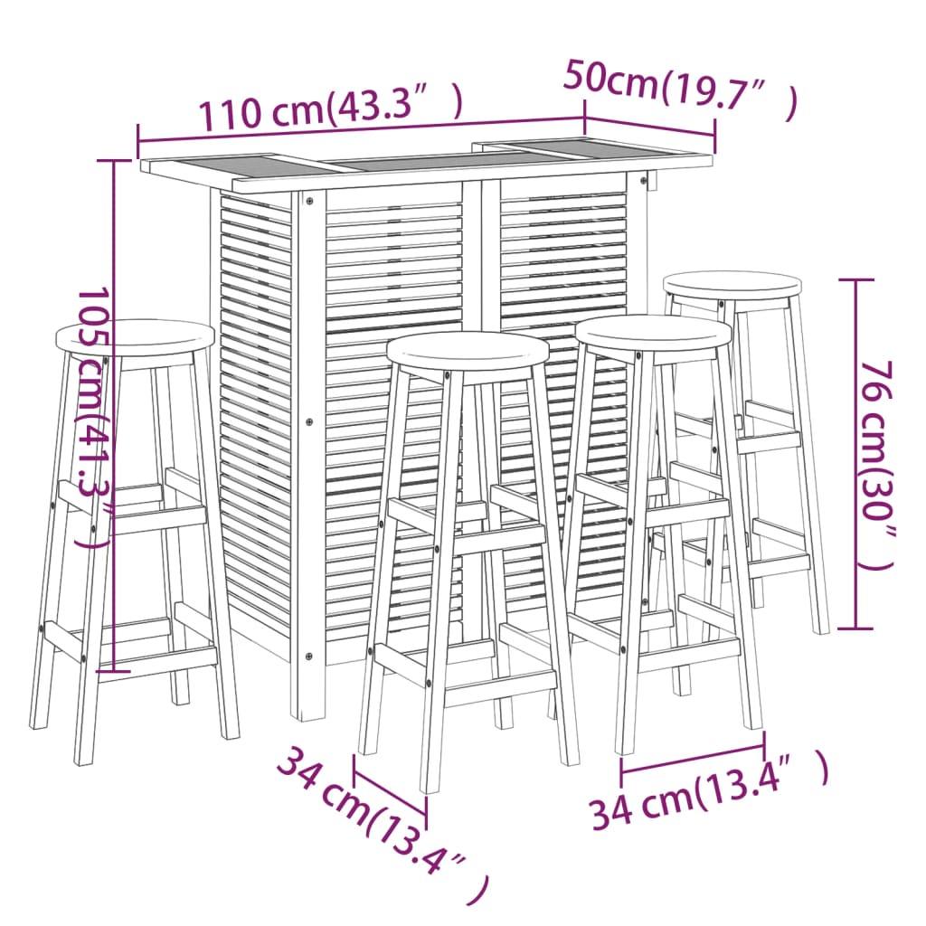 Garden Bar Set Natural Wood Solid Acacia Wood Standard Footrest