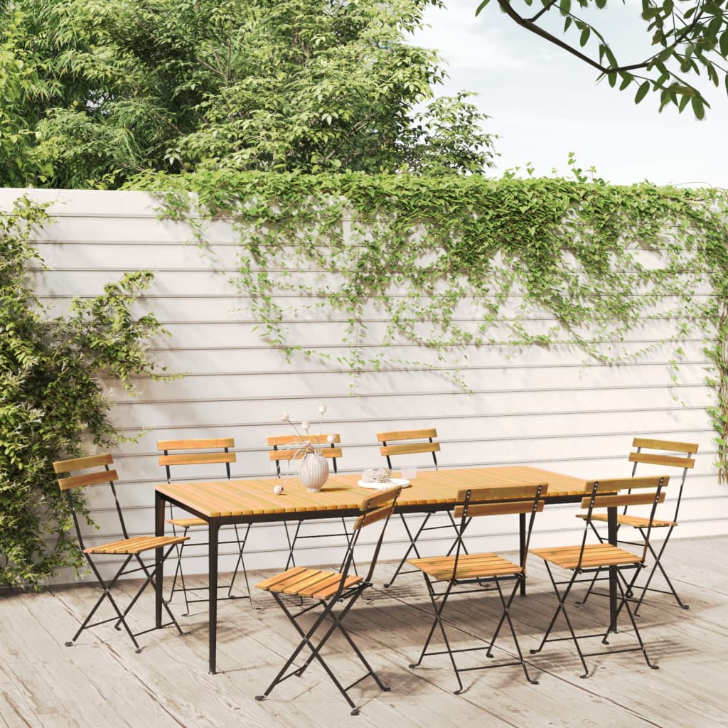Garden Chair Set of 8 Natural wood, Black Solid Acacia wood