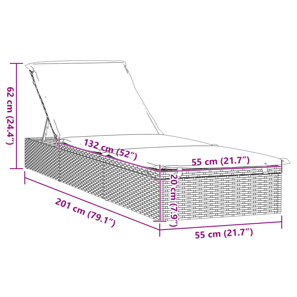 Sunbed Grey PE Rattan Large Adjustable Armrests