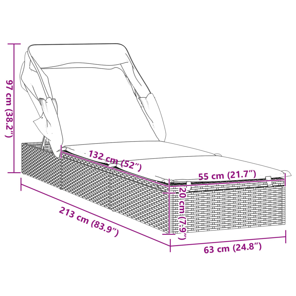 Sunbed Brown PE Rattan, Powder-Coated Steel 83.9x24.8x38.2 in