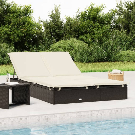 Sunbed Black PE Rattan Double Adjustable Armrests Sunbed