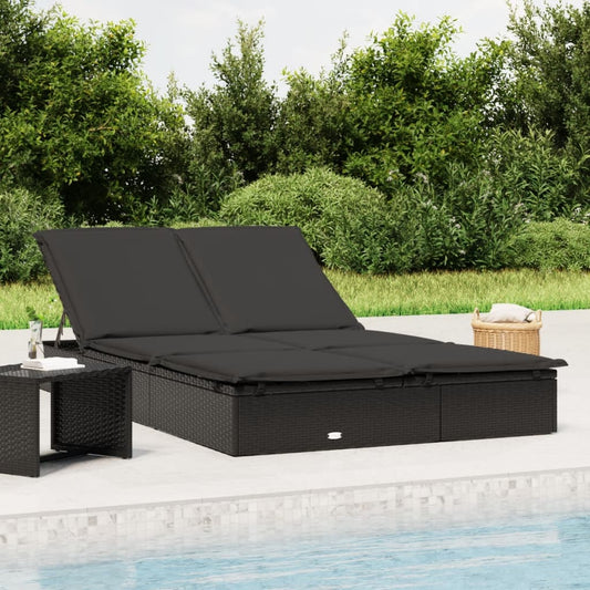 Sunbed Black PE rattan Double Adjustable Armrests Sunbed