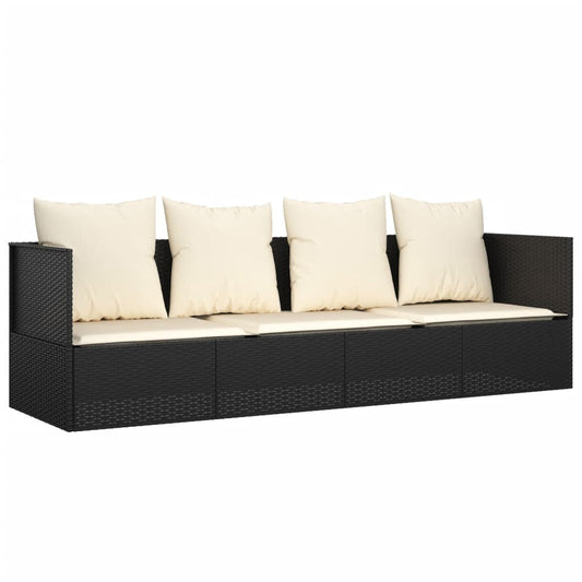 Outdoor Lounge Bed Black Poly Rattan, Powder-Coated Steel, Polyester