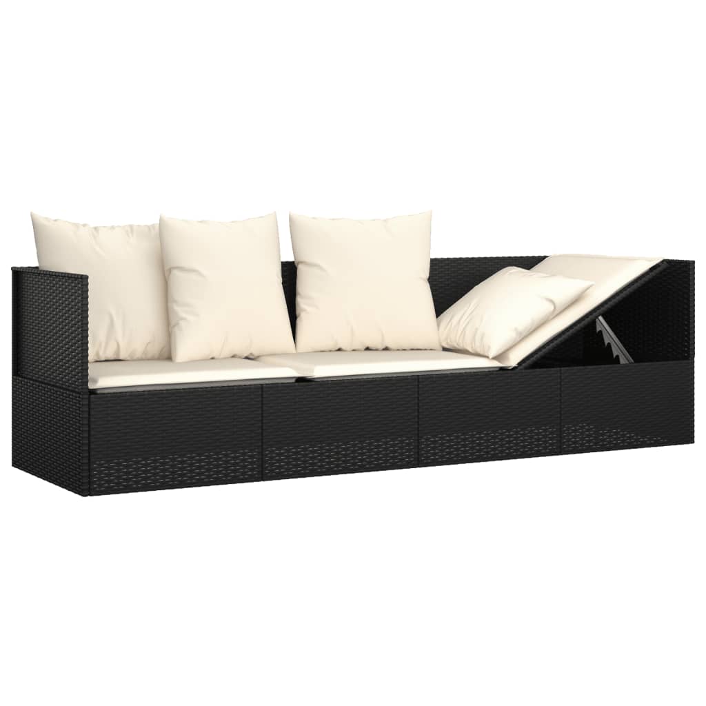 Outdoor Lounge Bed Black Poly Rattan, Powder-Coated Steel, Polyester