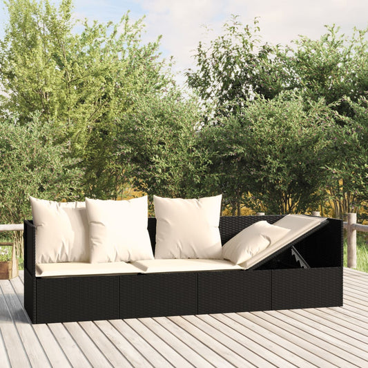Outdoor Lounge Bed Black Poly Rattan, Powder-Coated Steel, Polyester