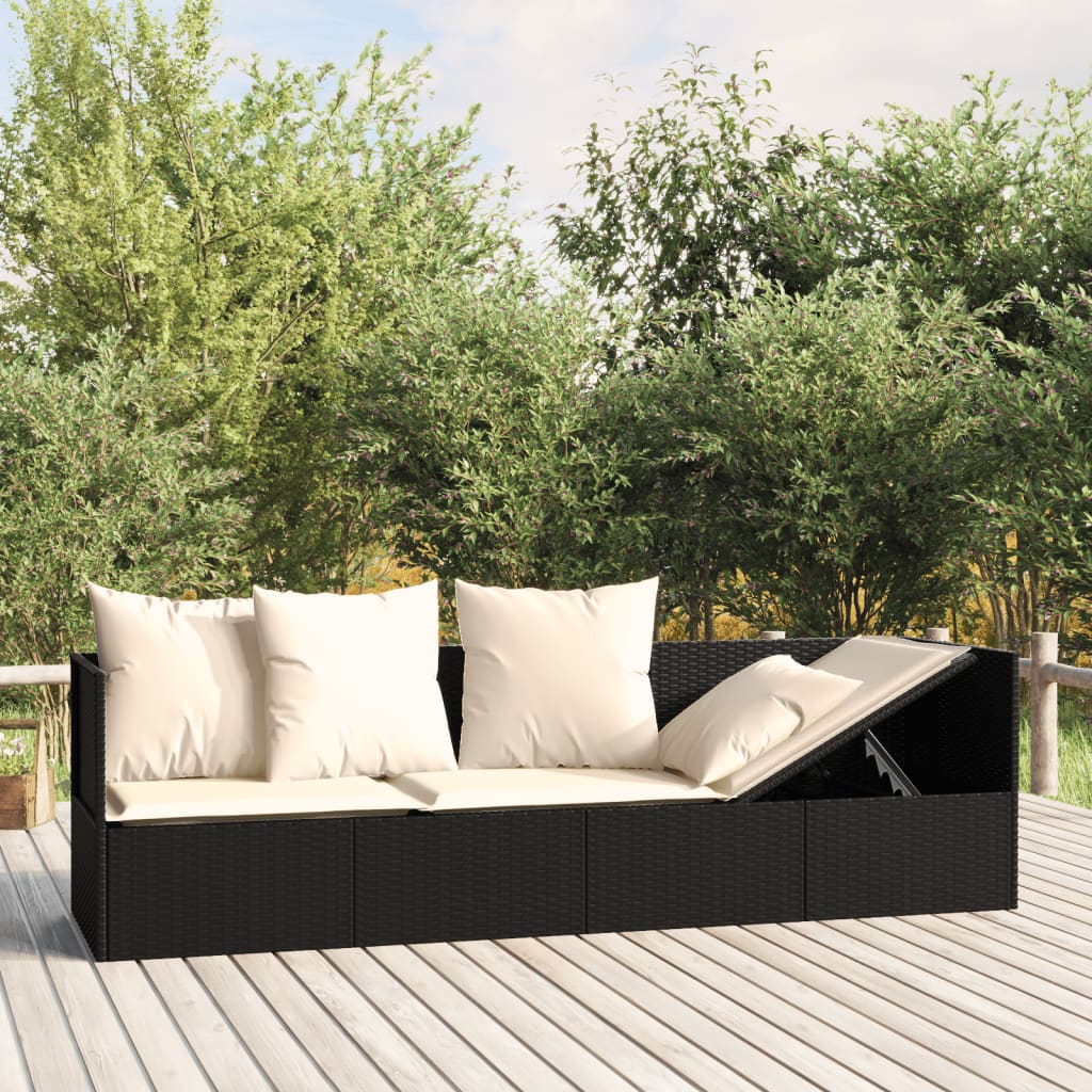 Outdoor Lounge Bed Black Poly Rattan, Powder-Coated Steel, Polyester