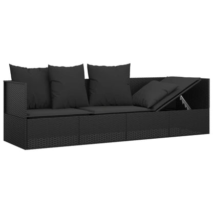 Outdoor Lounge Bed Black PE Rattan Large Adjustable Armrests