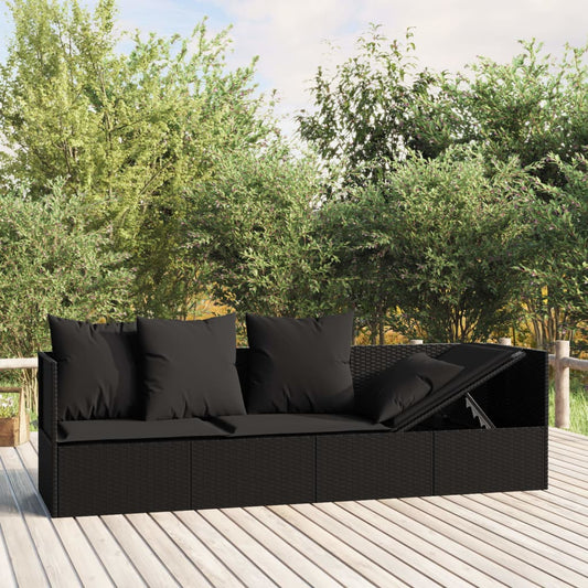 Outdoor Lounge Bed Black PE Rattan Large Adjustable Armrests