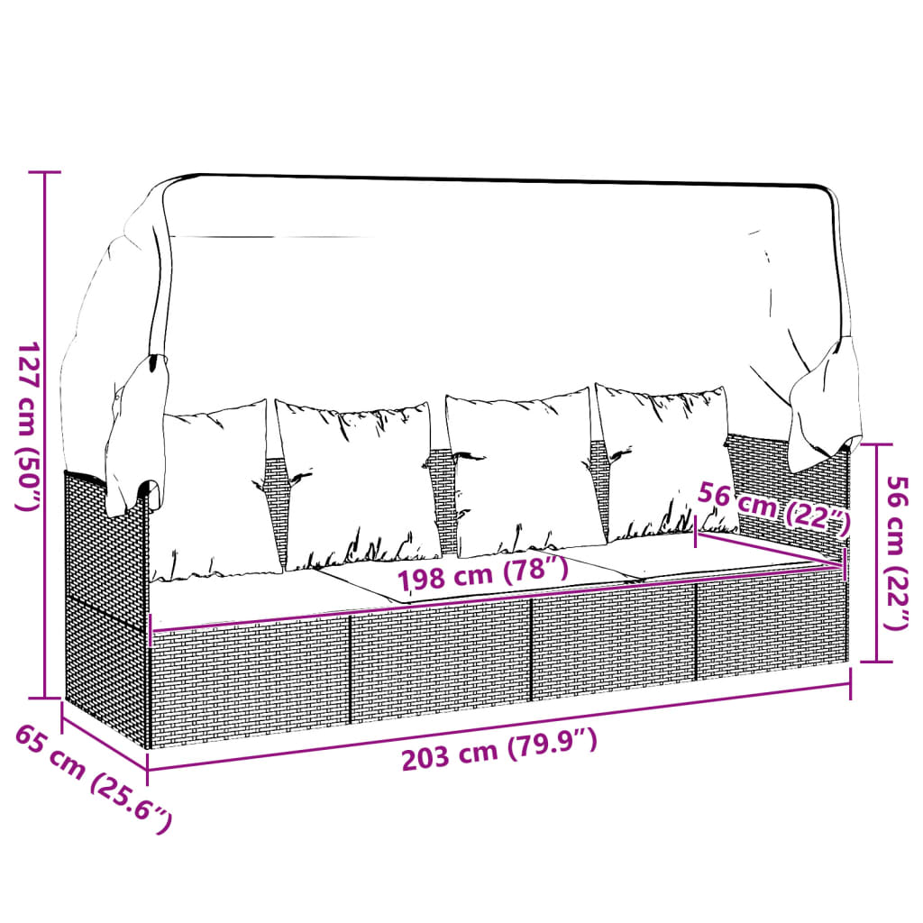 Outdoor Lounge Bed Black Poly rattan, powder-coated steel, polyester