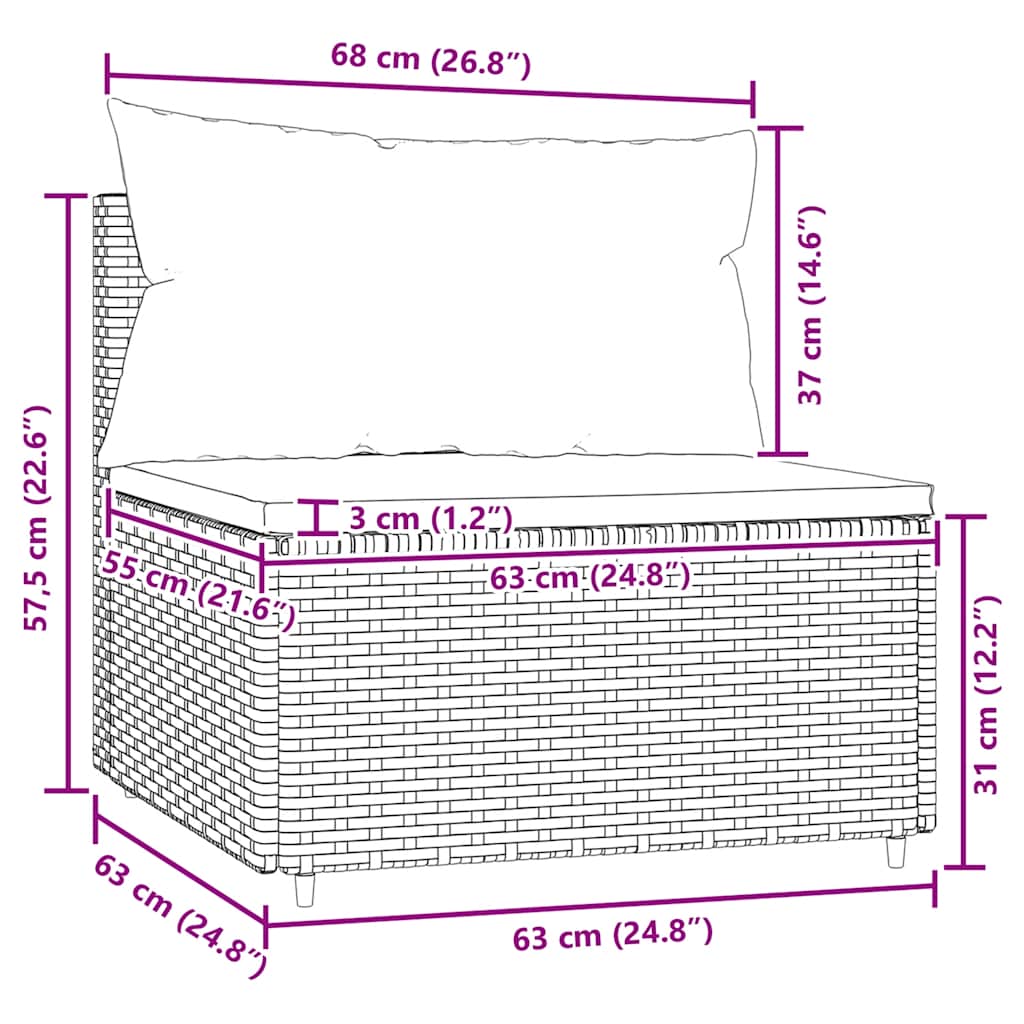 Patio Middle Sofa Grey PE rattan, powder-coated steel, fabric