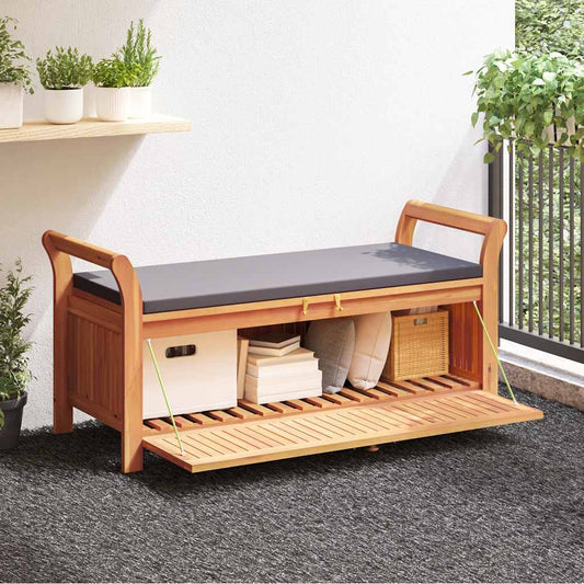 Garden Storage Bench Wood with dark grey cushion