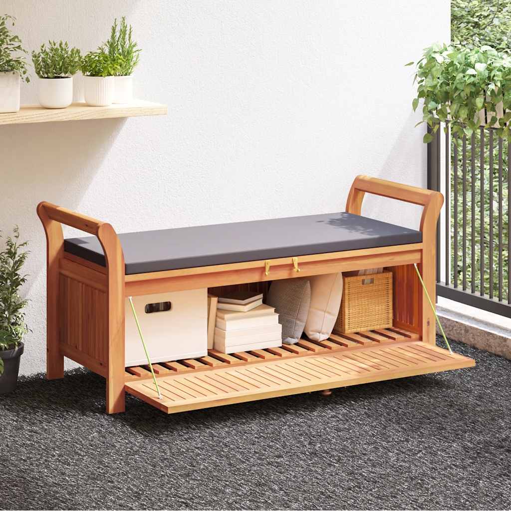 Garden Storage Bench Wood with dark grey cushion