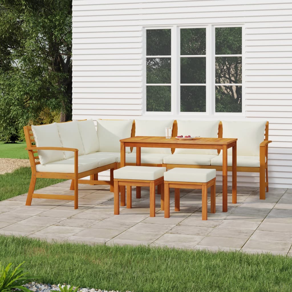 Garden Dining Set Cream White, Natural Wood