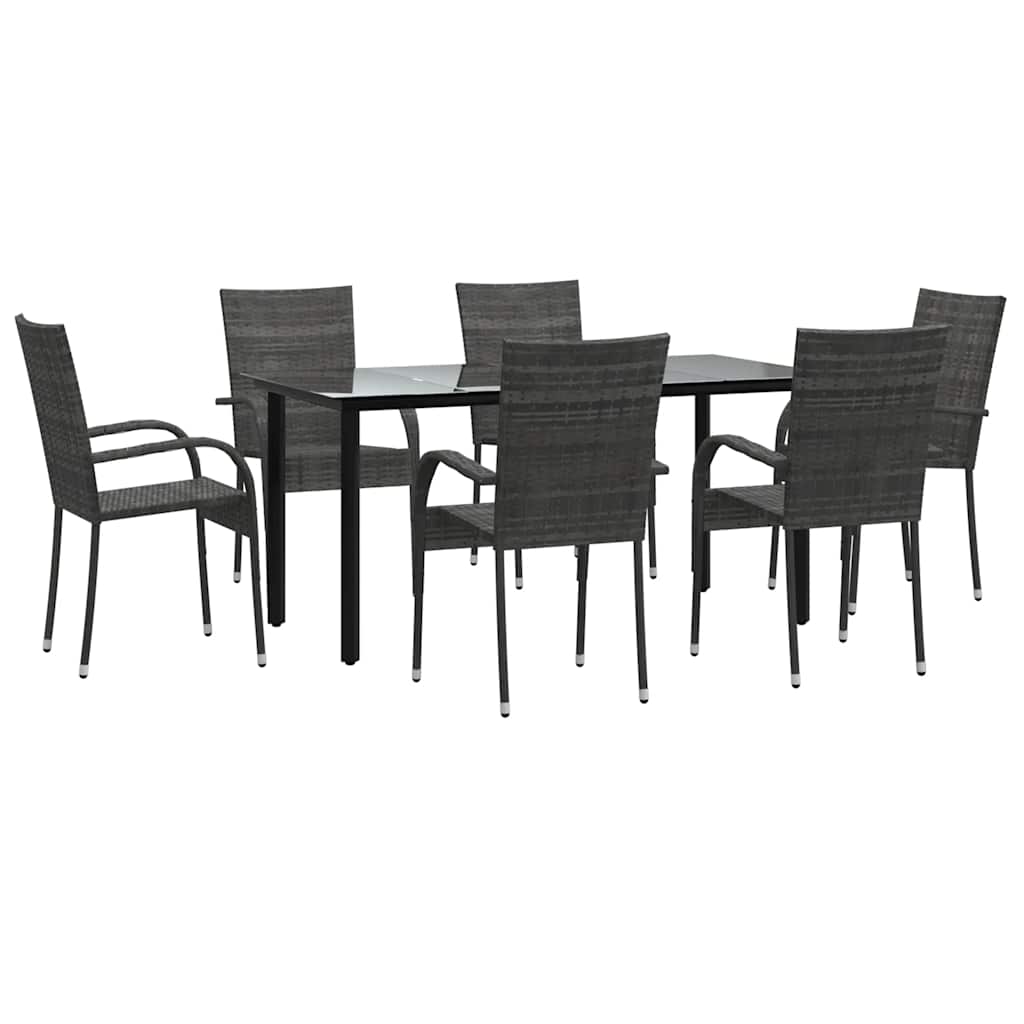 Garden Dining Set Grey PE rattan, powder-coated steel, tempered glass