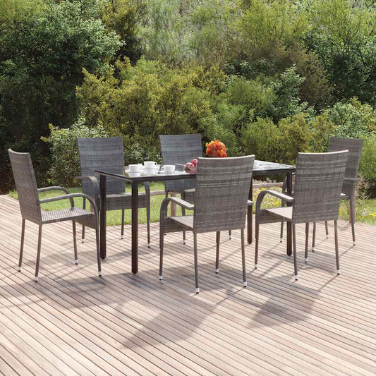 Garden Dining Set Grey PE rattan, powder-coated steel, tempered glass